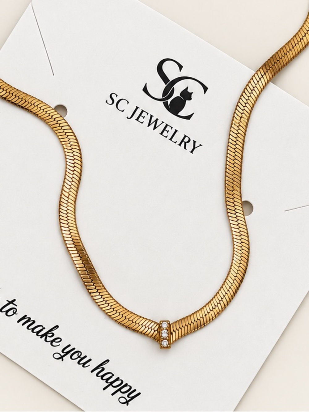 18K Gold Tone Snake Chain Necklace White Herringbone Stainless Steel Choker